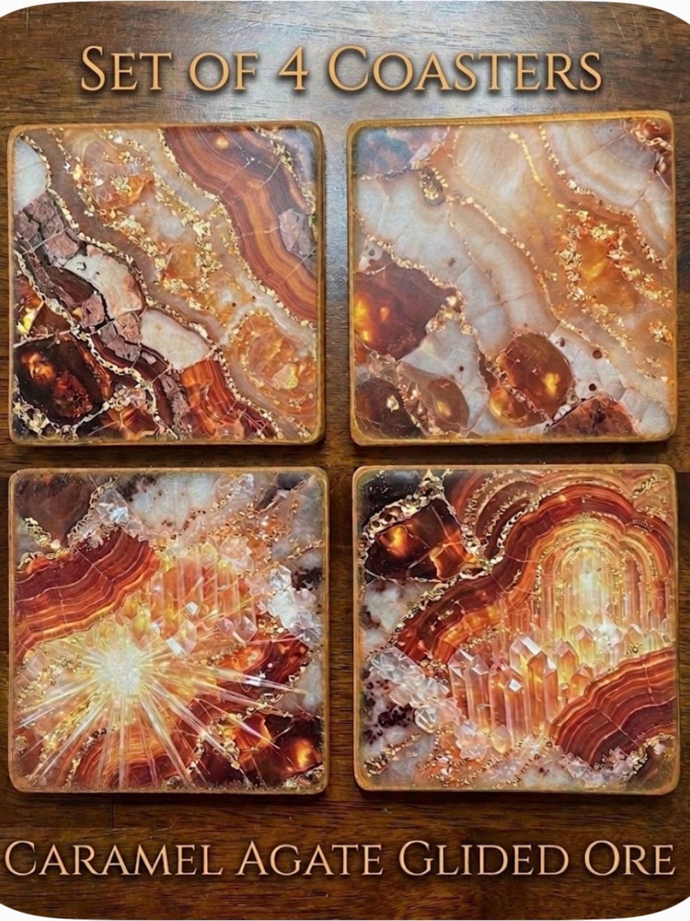 Handmade Caramel Agate Glide Ore Design Coasters, Set of 4